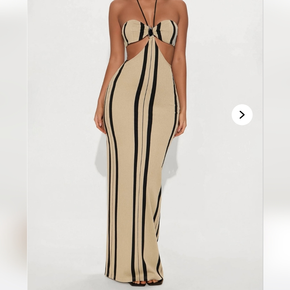 Fashion Nova Beige and Black Striped Maxi Dress